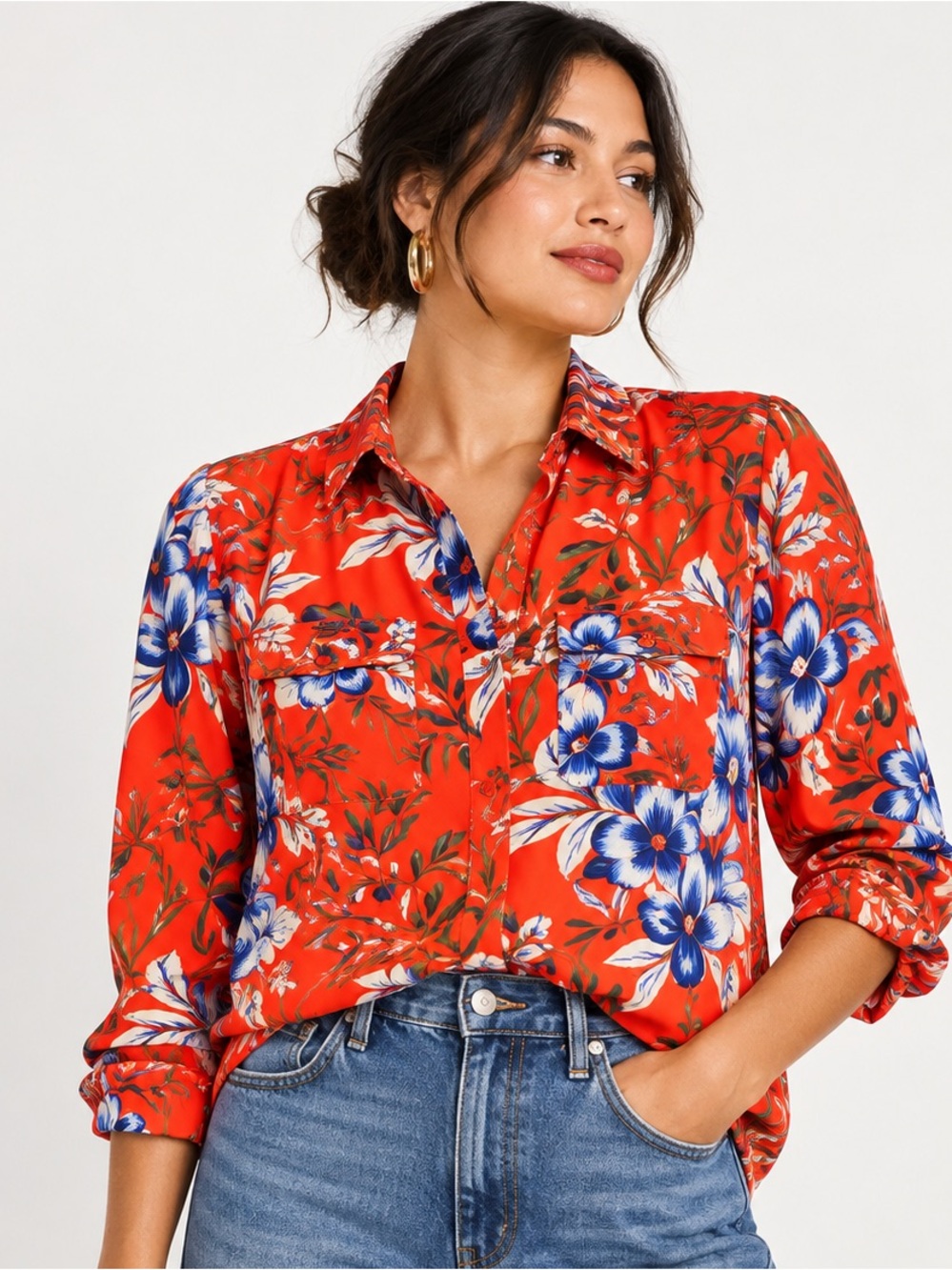 LOFT Red Orange Floral Button-Down Shirt with Blue Accents